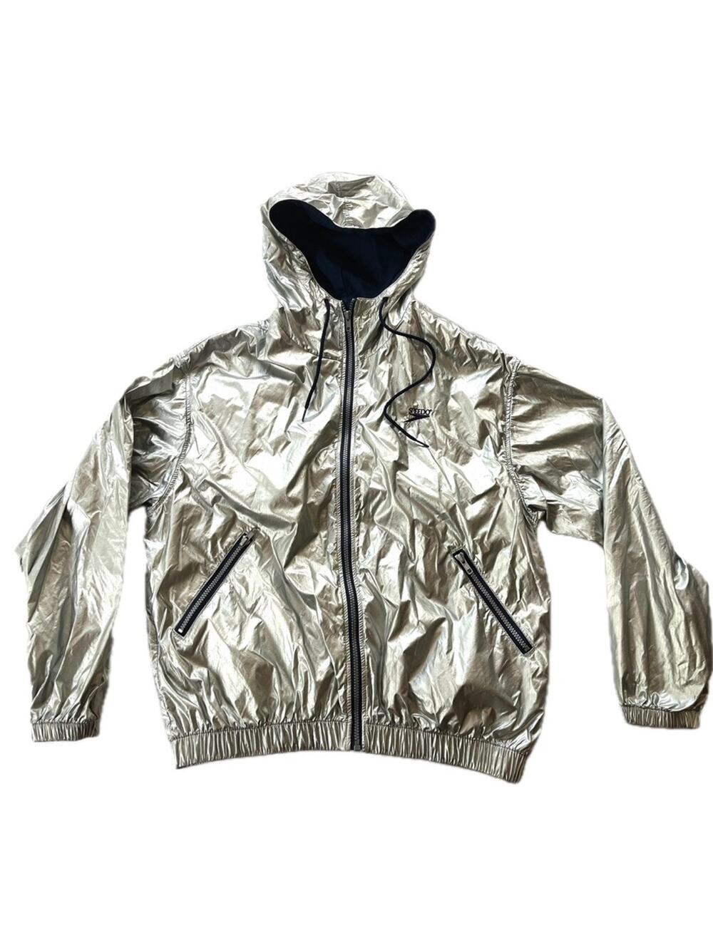 Y2K 2000s Speedo Silver Hooded Women's Medium Rain Jacket Ski Coat Zip Pockets